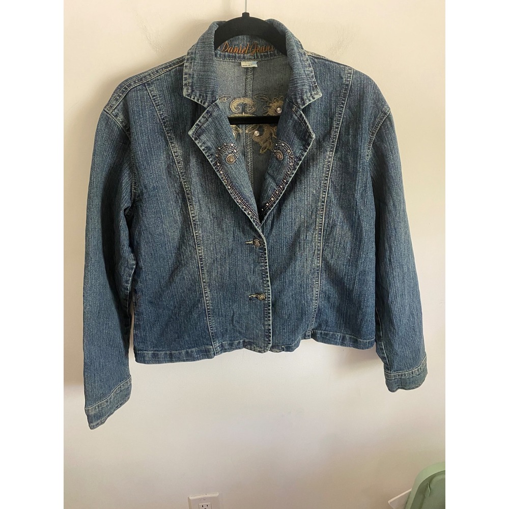 Daniel Jeans Womens Blue Denim Jacket Floral Embroidered Beaded Western Size L